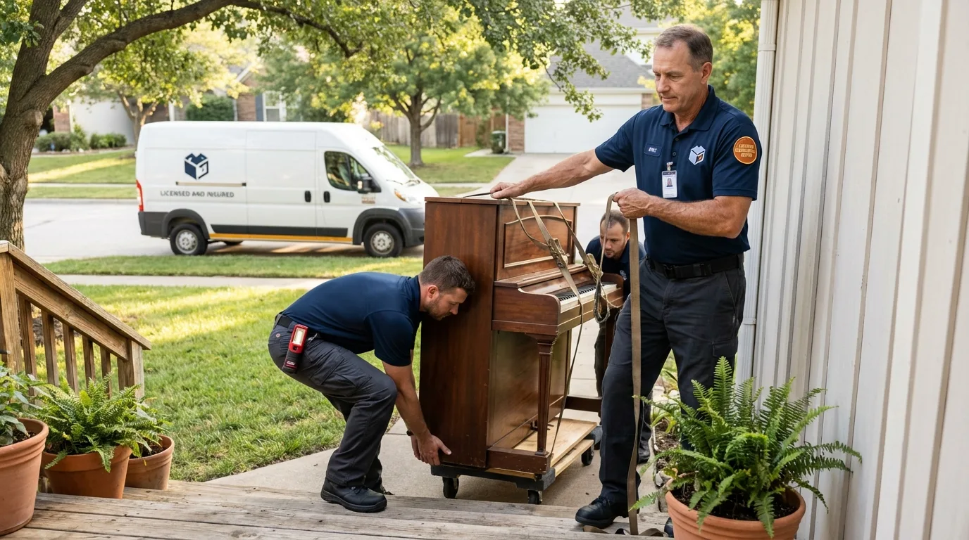 Licensed piano movers securing grand piano in Silver Creek, NY