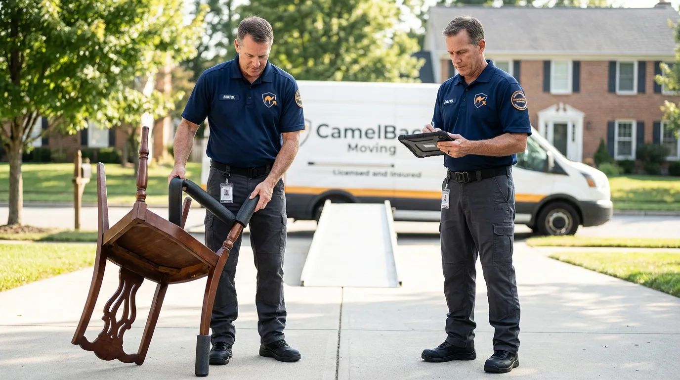 Movers inspecting furniture for damage prevention before loading in Silver Creek, NY
