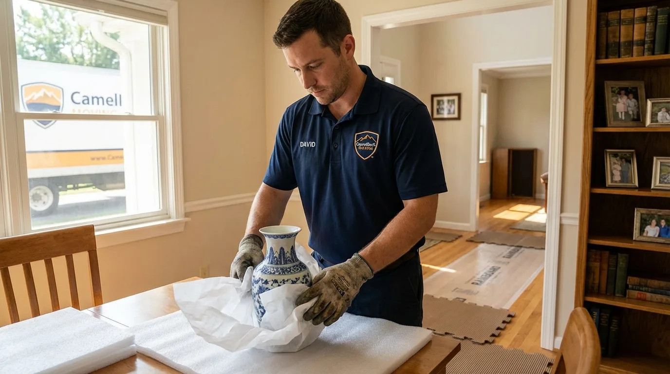Professional crew carefully wrapping antique vase for senior downsizing move in Silver Creek, NY